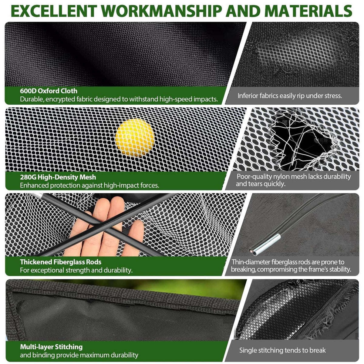 Black net fabric and mesh panels with reinforced stitching and fiberglass support rods