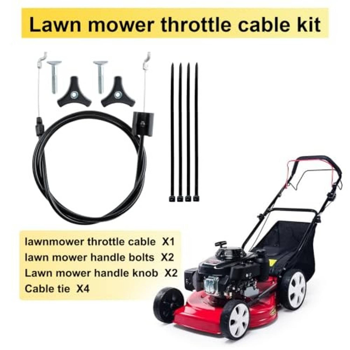 Lawn mower throttle cable kit with coiled black cable, control knobs, and mounting hardware