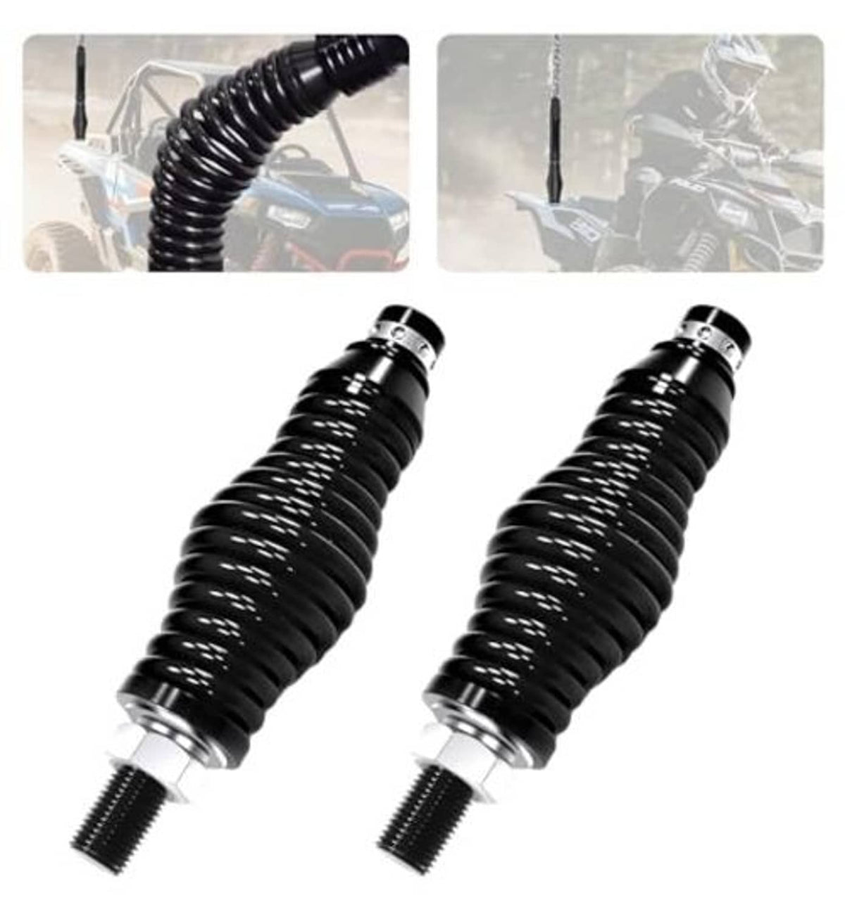Pair of black coiled shock springs for whip light mounting, threaded ends