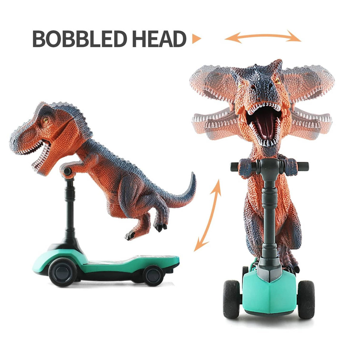 Dinosaur finger scooter with bobbling head, teal base and black finger pole