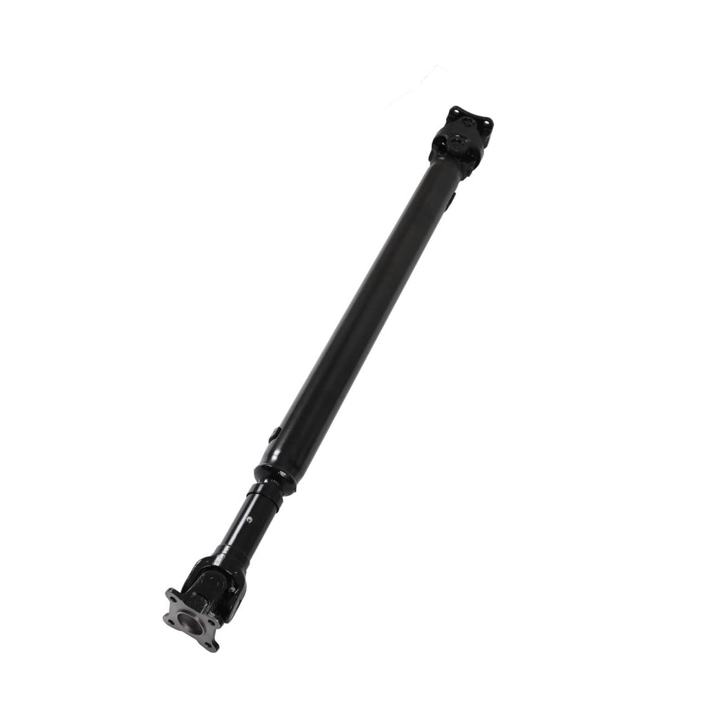 Rear drive shaft assembly black tube with flange end and U-joint, vertical view