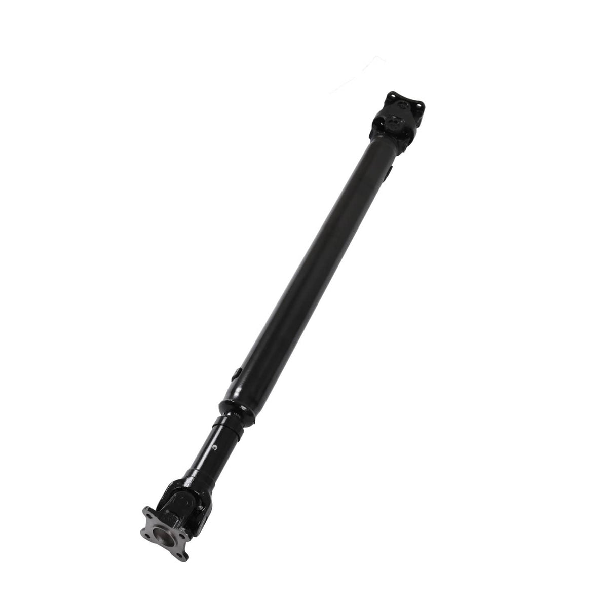 Rear drive shaft assembly black tube with flange end and U-joint, vertical view