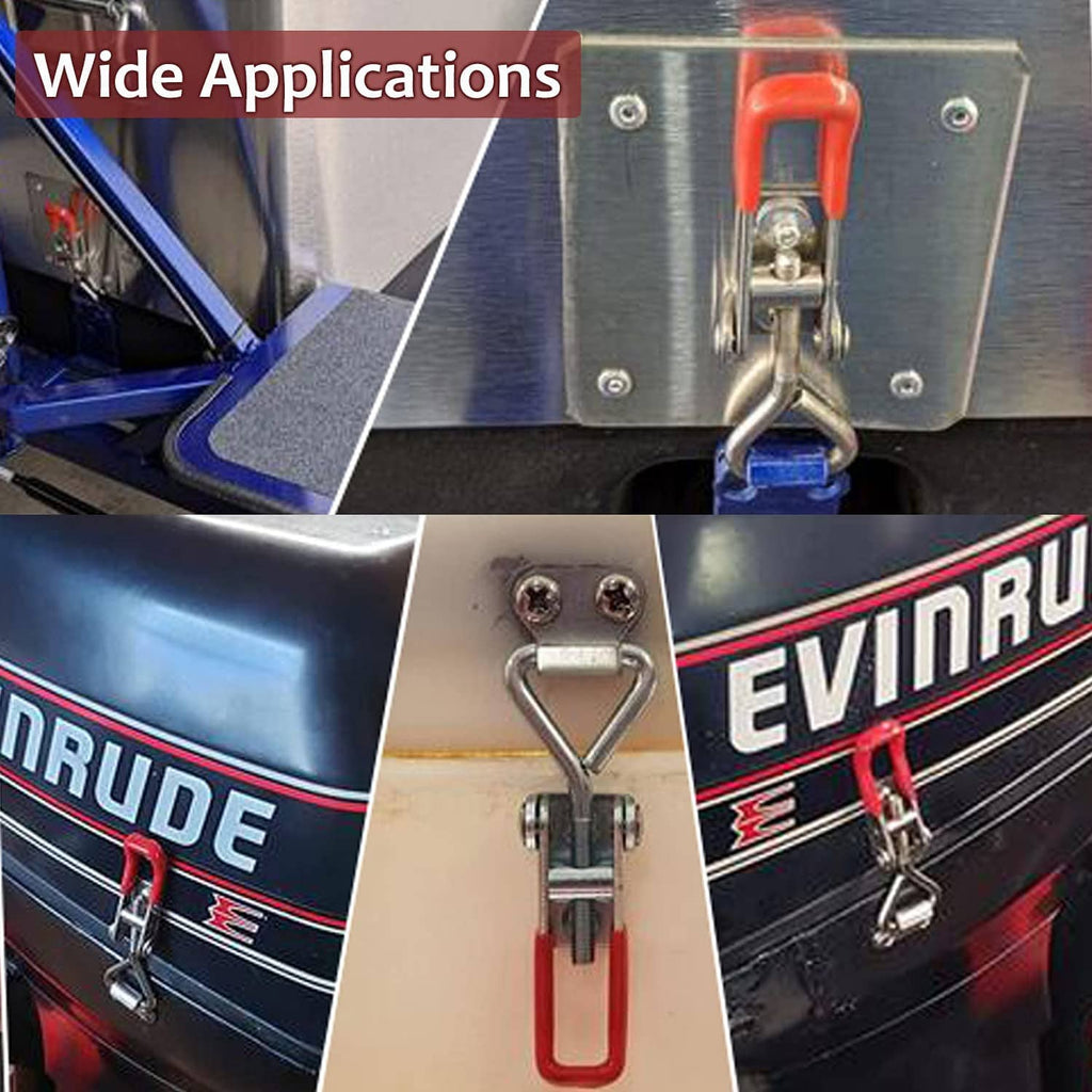 Stainless steel toggle latch clamp with red handle mounted to a metal boat panel