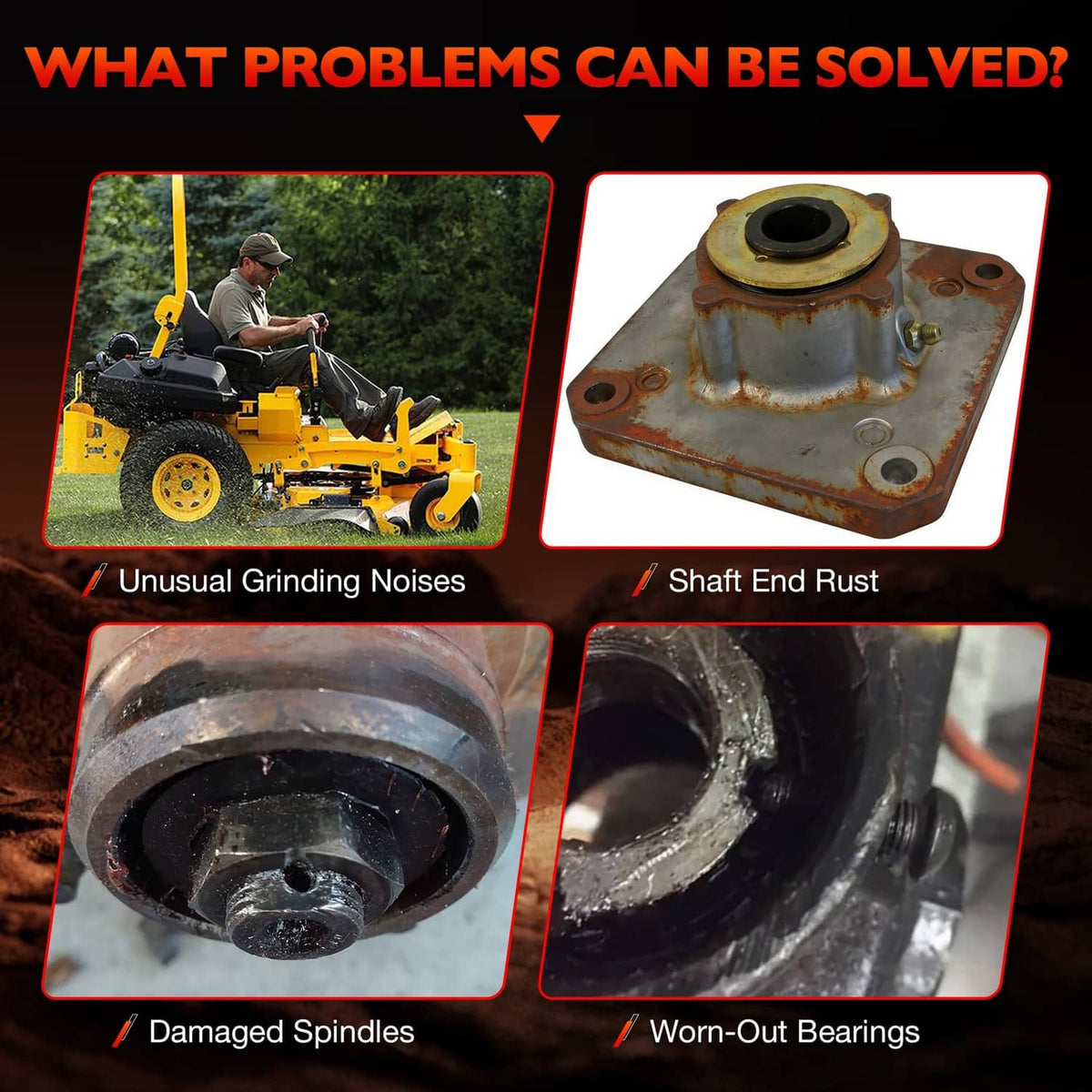 Mower deck spindle issues shown: rusted shaft end and worn bearings