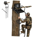 15 ft ladder tree stand with platform, padded seat, and armrest for one hunter