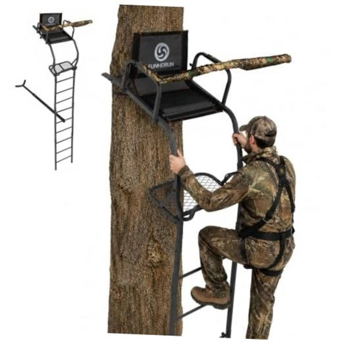 15 ft ladder tree stand with platform, padded seat, and armrest for one hunter