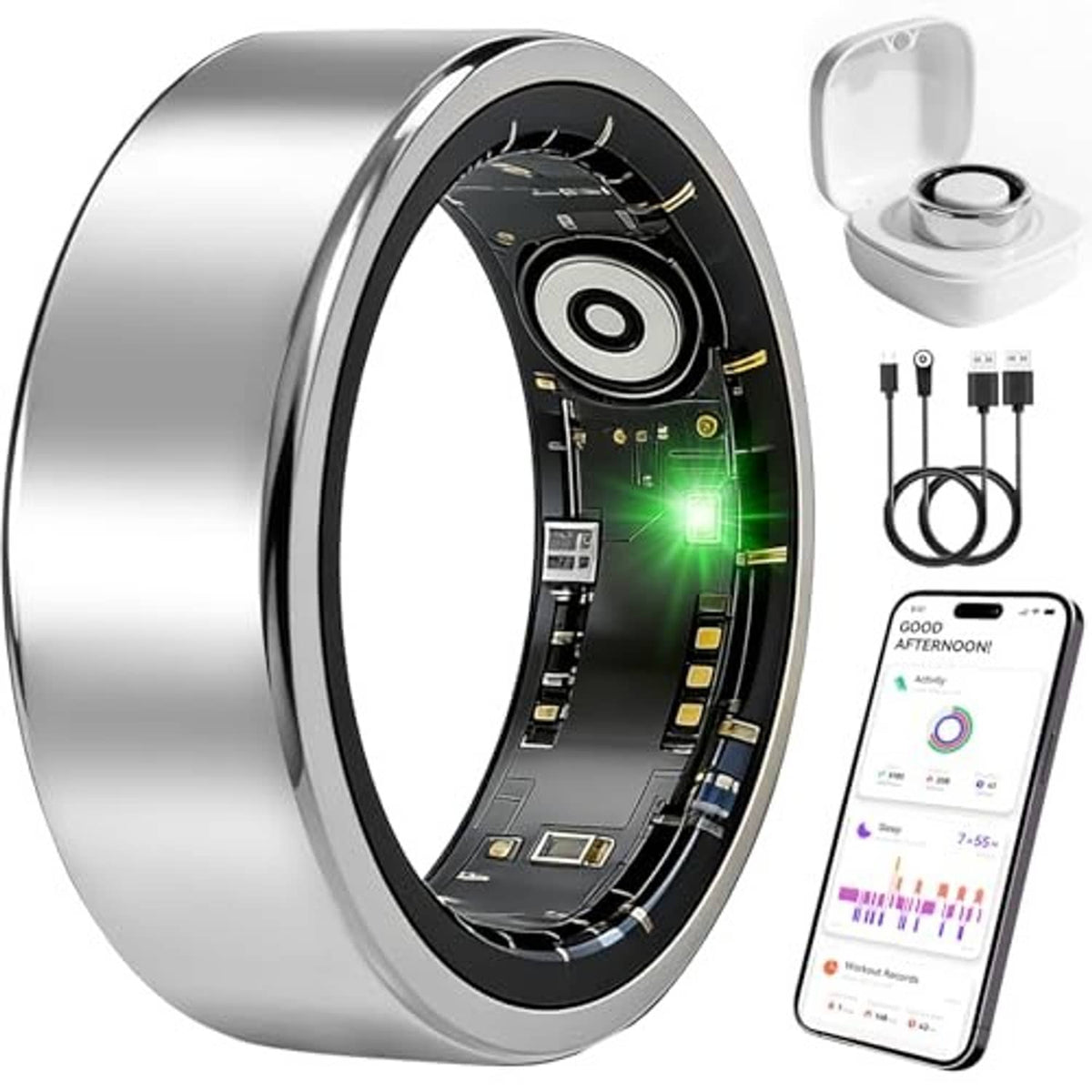 Silver fitness tracker smart ring with side view and included charging accessories