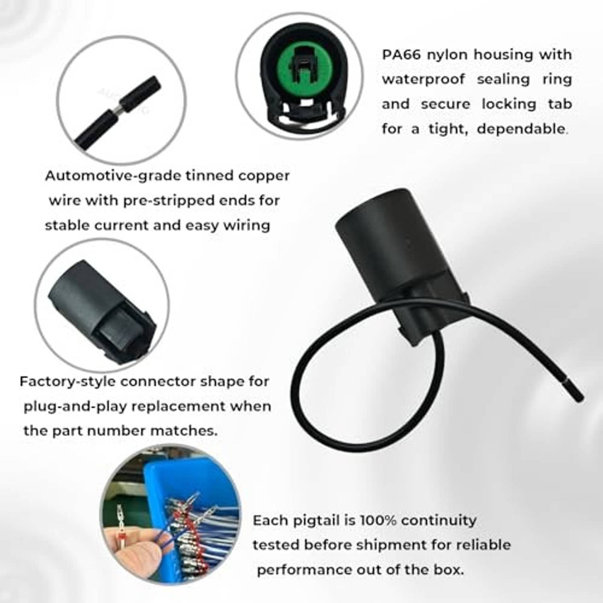 AC compressor connector pigtail plug with green circuit contact and black nylon housing