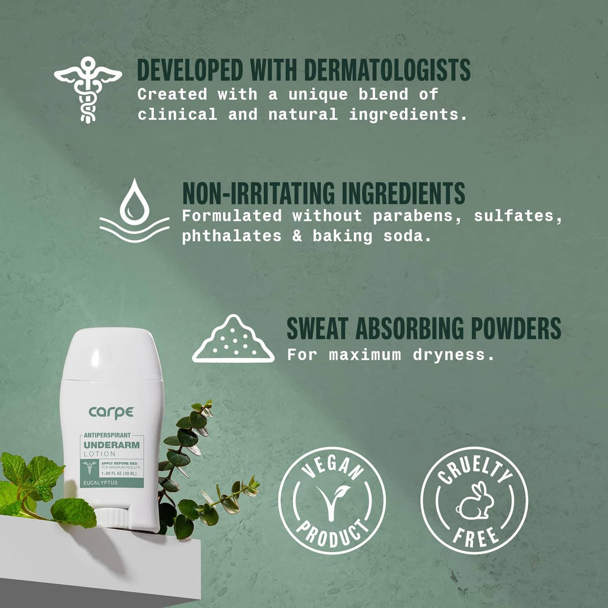 Carpe underarm antiperspirant lotion bottle with vegan and cruelty-free badges