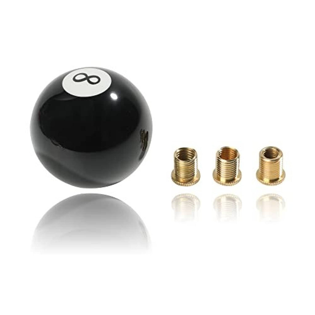 Black round shift knob with white 8 emblem and three copper thread adapters