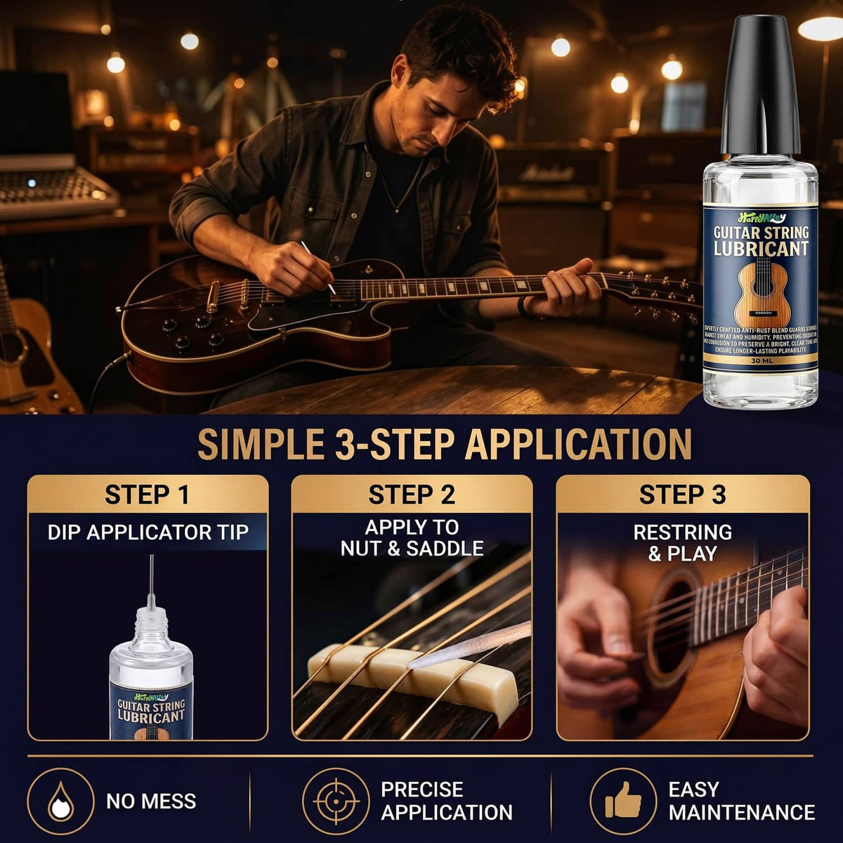 Guitar string lubricant bottle with 3-step application guide and guitar player applying