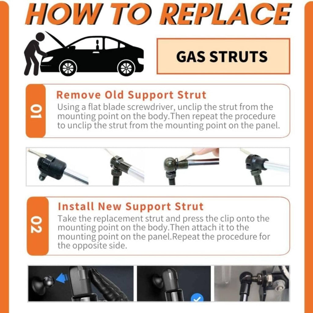 How-to infographic for replacing a gas strut support with step-by-step clips
