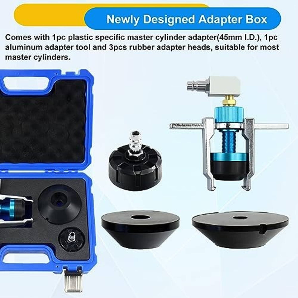 Brake master cylinder adapter kit components shown in open blue-and-black case