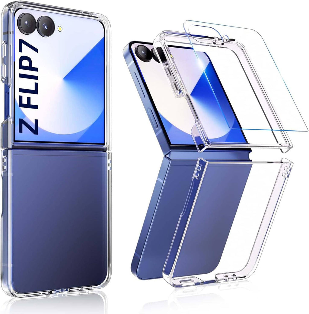Transparent clear case for Galaxy Z Flip7 with built-in screen protector, hinge protection