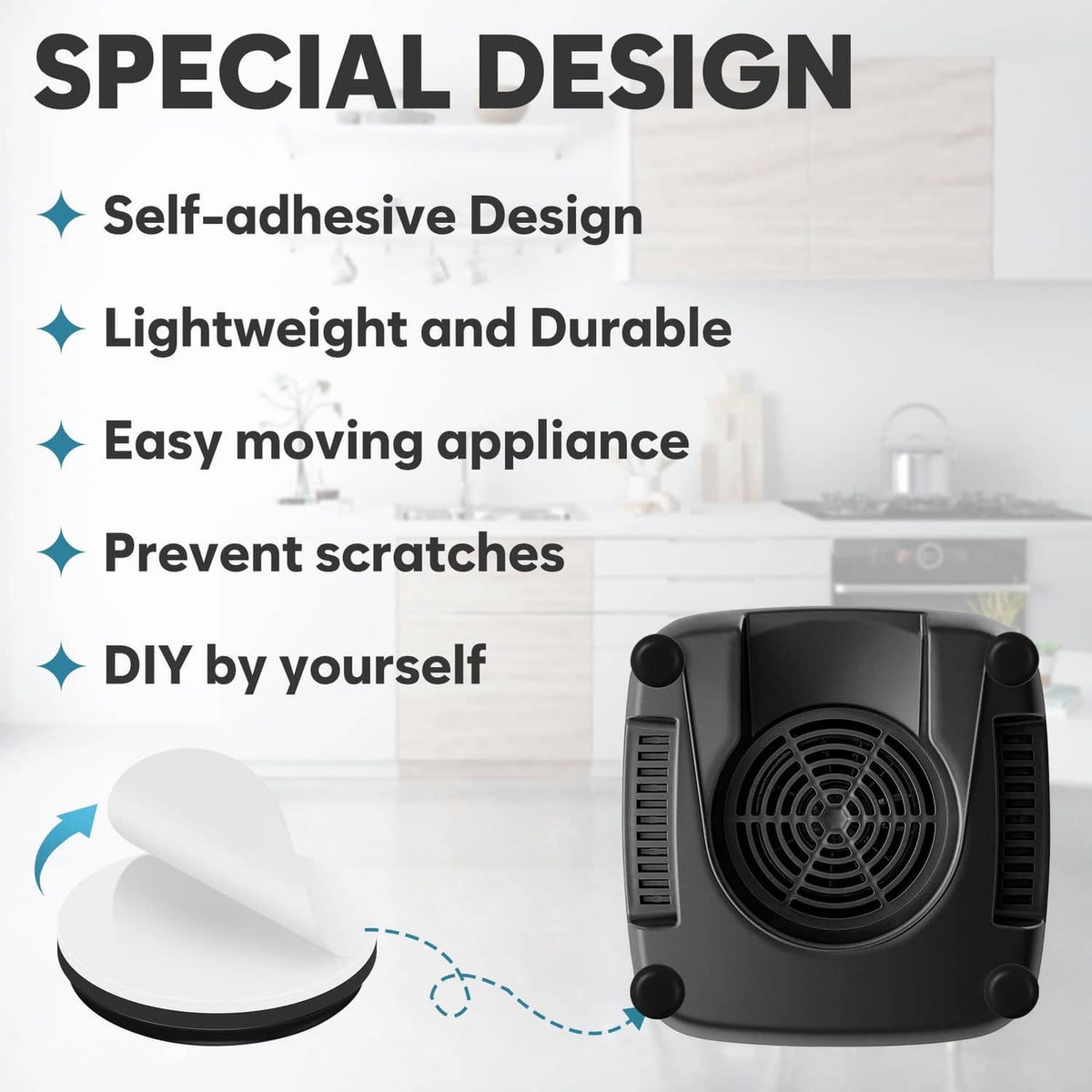 Black round appliance slider pad under a kitchen device to help prevent surface scratches