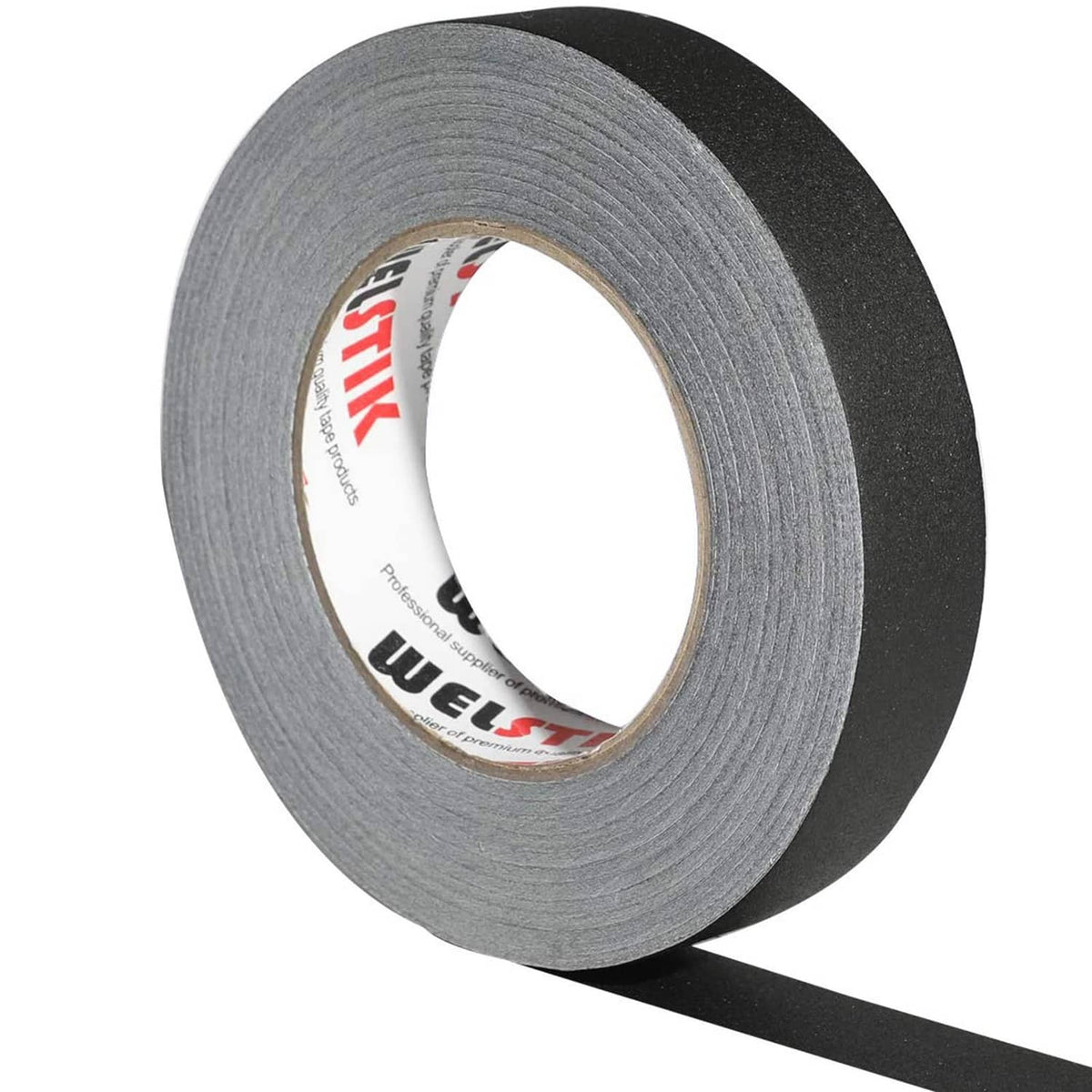 1-inch black and gray gaffer tape roll with exposed inner core
