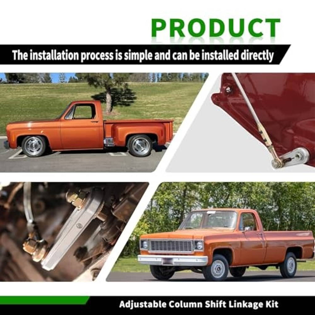Adjustable column shift linkage kit installation scene with linkage rod and fasteners on truck