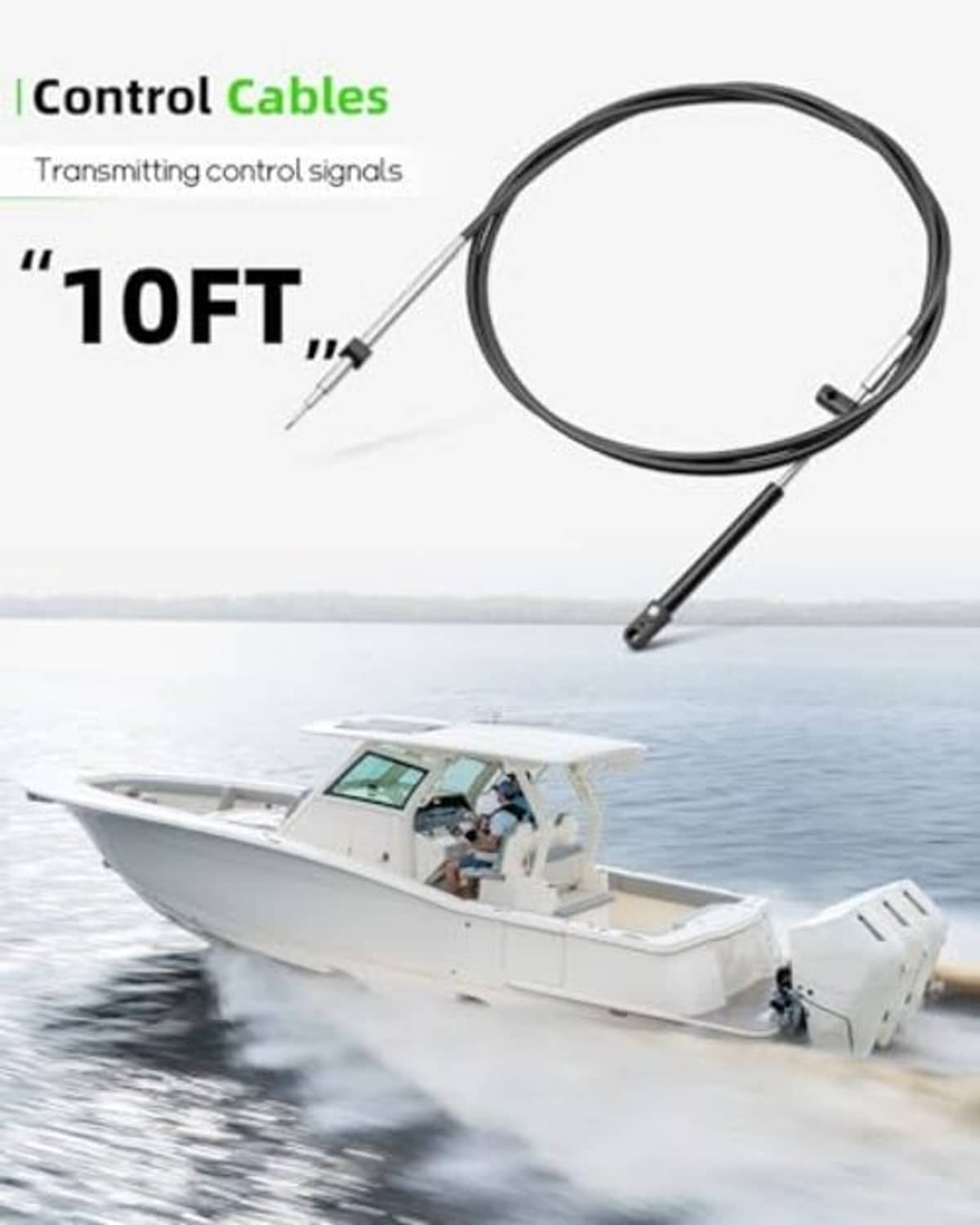 10ft outboard control cables with black outer sheath and silver inner cable ends