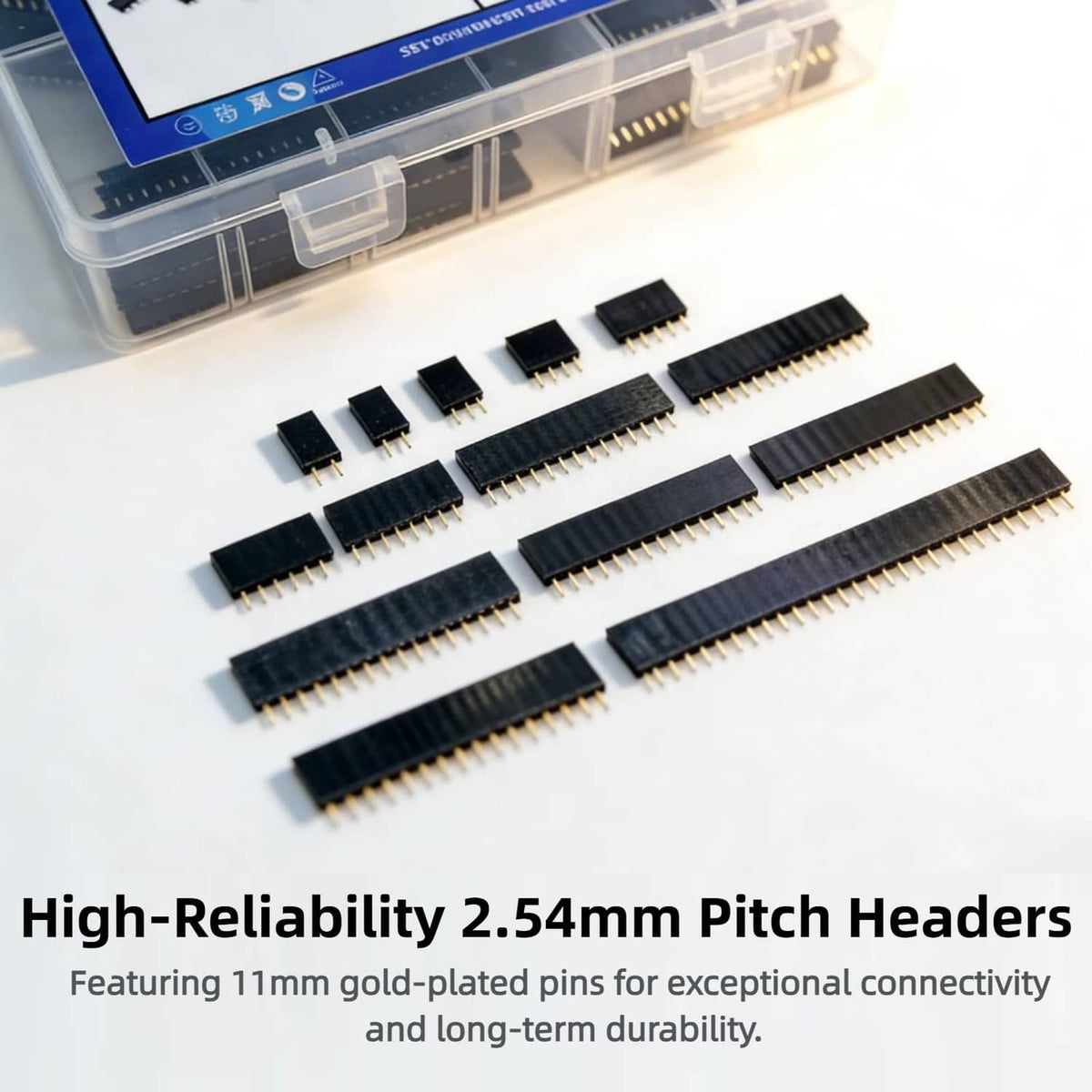 Assorted single-row female pin headers with black housings and gold-plated pins