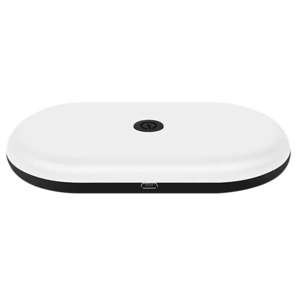 White oval LED dome light with black rim and central lens button, side charging port