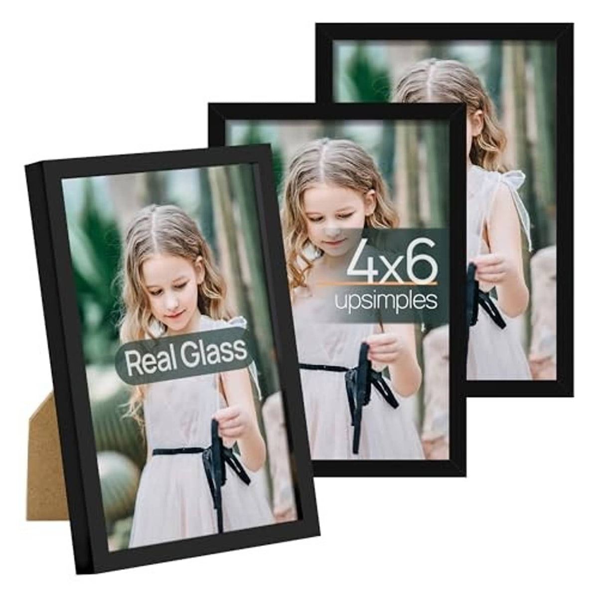 Black 3-pack picture frames with clear glass, holding 4x6 photos in mixed angles