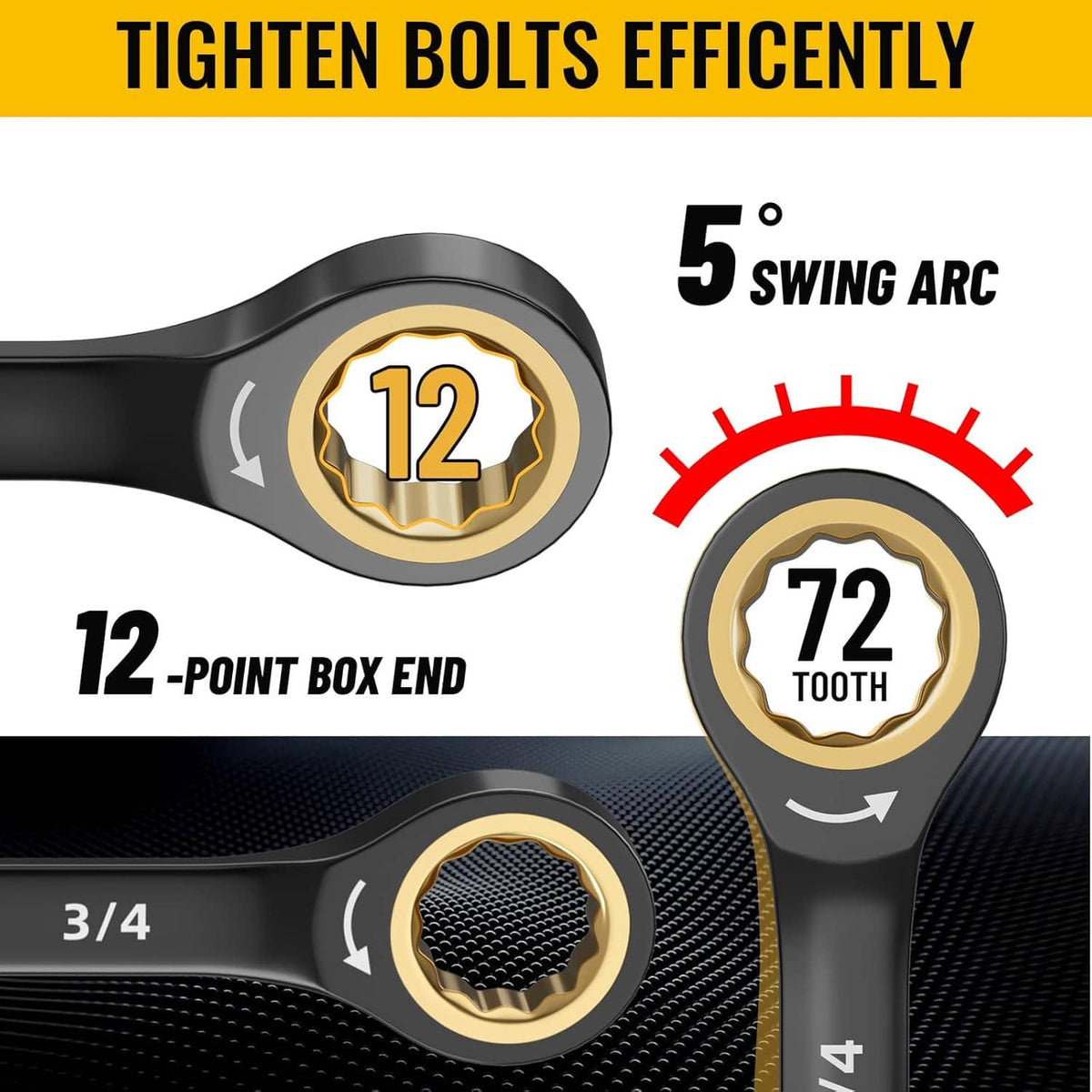 Ratcheting combination wrench head with 12-point box end and gold ring detail