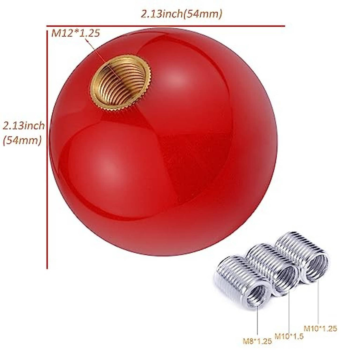 Red gear shift knob with threaded insert and size diagram plus spare adapters