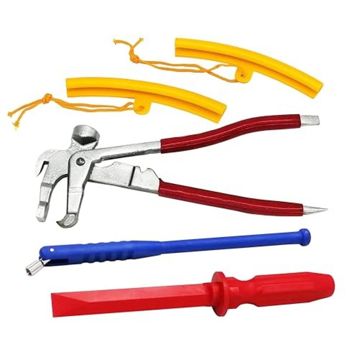 Wheel weight tool set with rim protectors: silver plier, red and blue driver tools