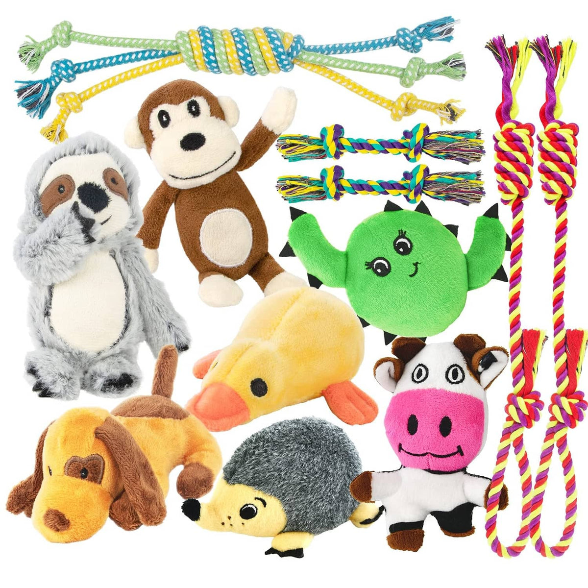 Assorted plush squeaky animals and braided cotton rope tug toys, colorful set