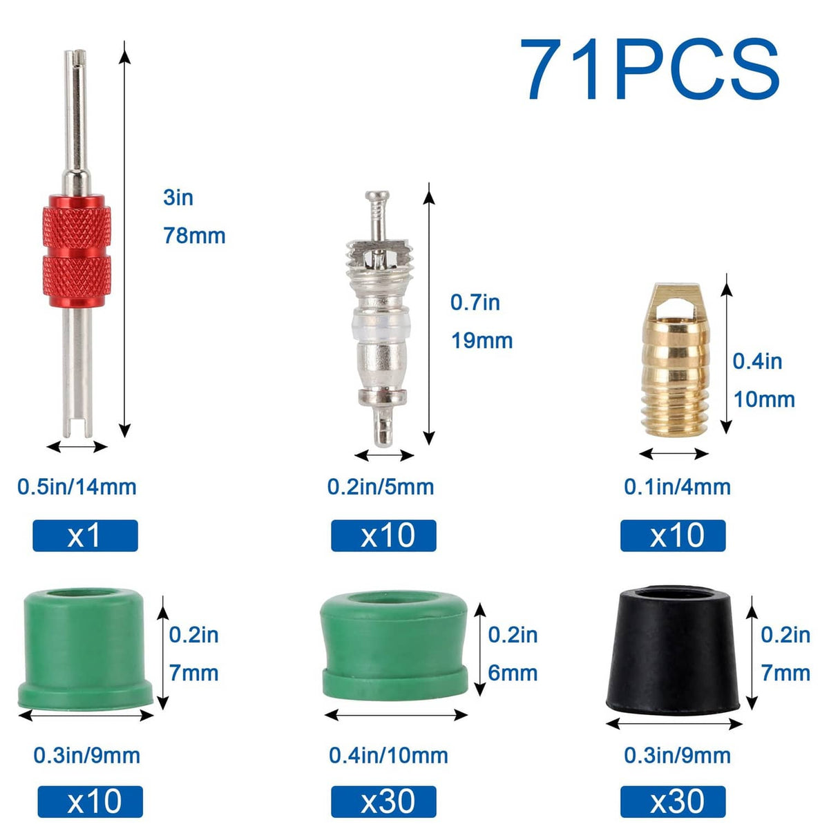 71-piece HVAC hose gasket set with labeled valve cores and gaskets in different sizes