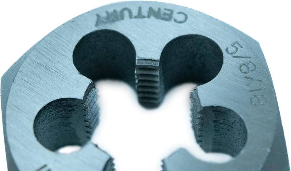 Close-up of hex threading die cutouts with stamped thread-groove edges