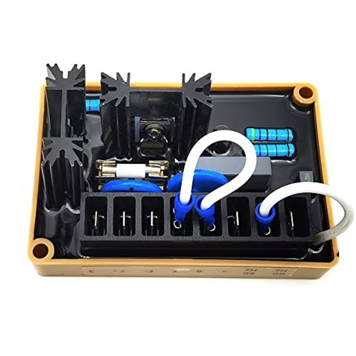 Automatic voltage regulator circuit board with black heatsinks, blue capacitors, beige housing