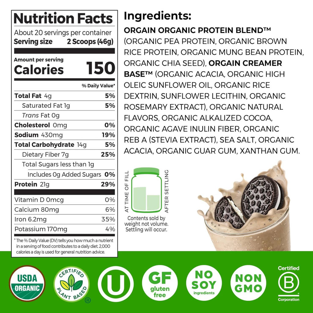 Nutrition facts and ingredients label on organic vegan protein powder tub