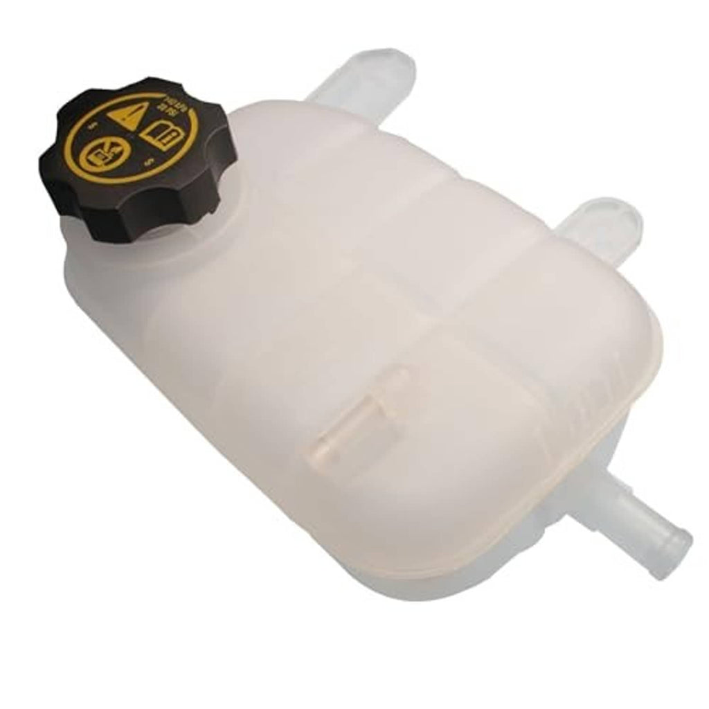 Translucent white coolant reservoir tank with spout and black warning cap