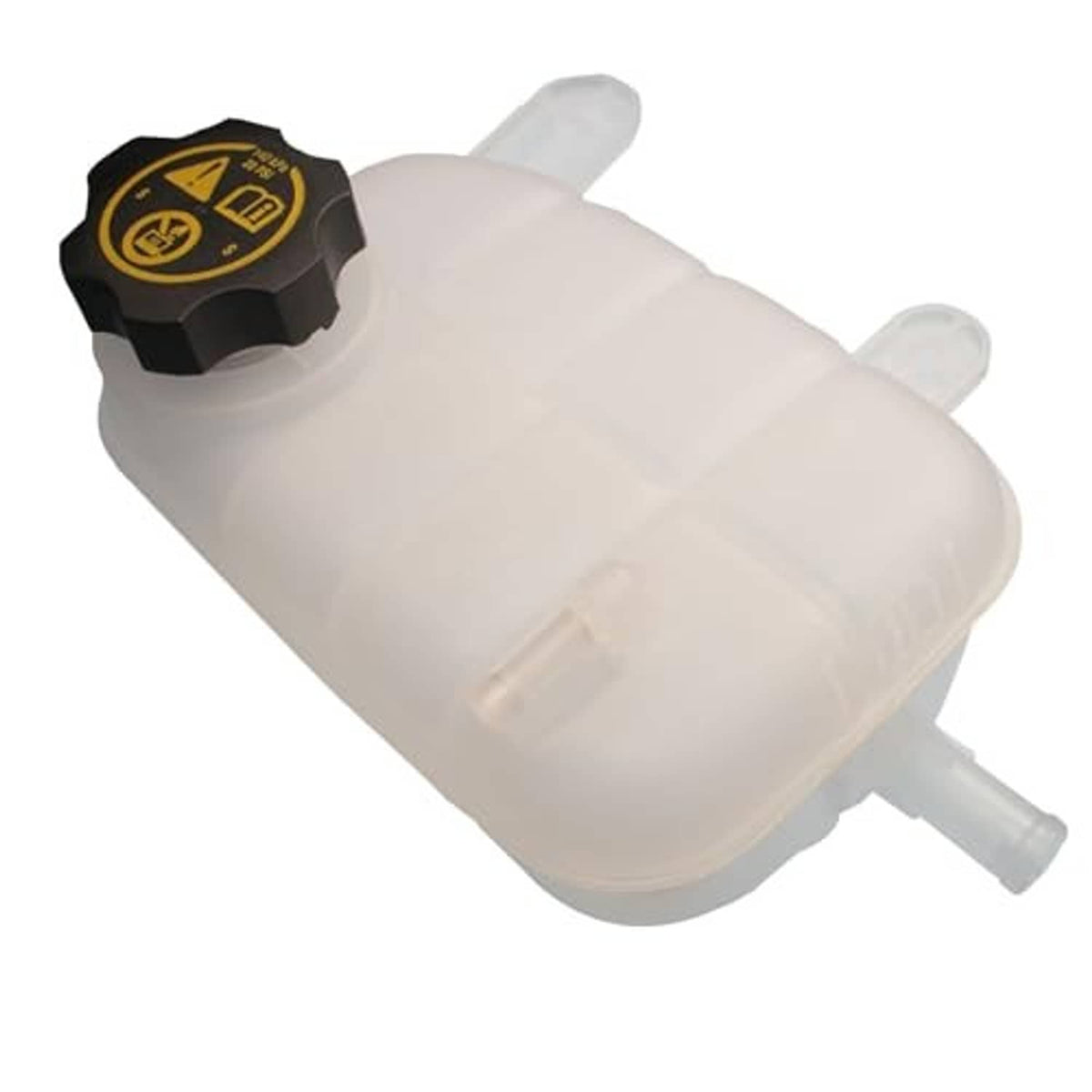 Translucent white coolant reservoir tank with spout and black warning cap
