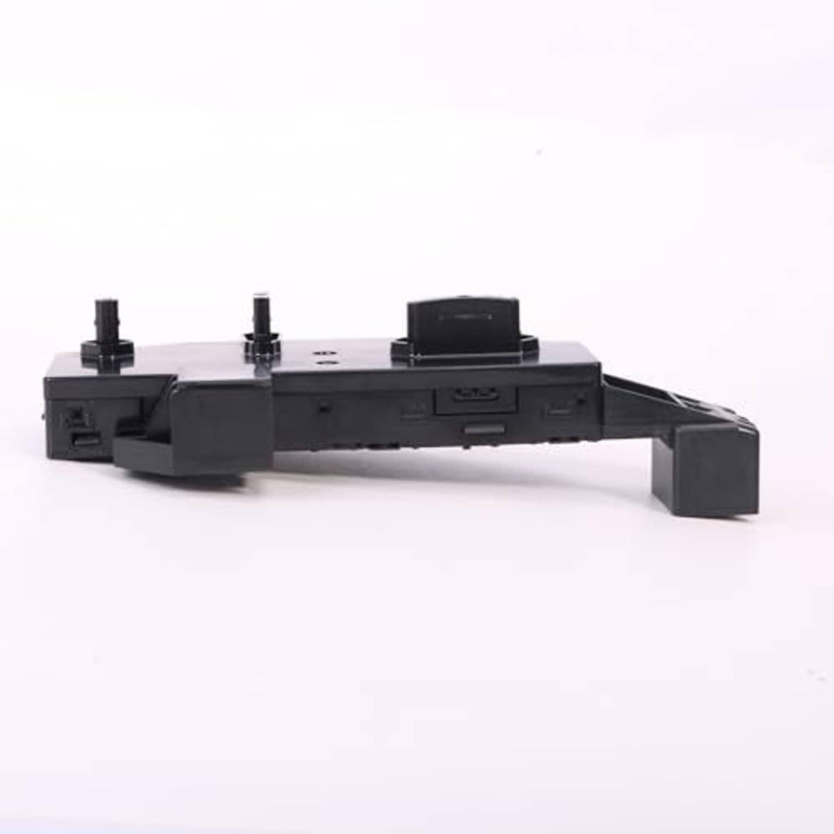 Black seat control switch module with long mounting base and electrical terminal openings