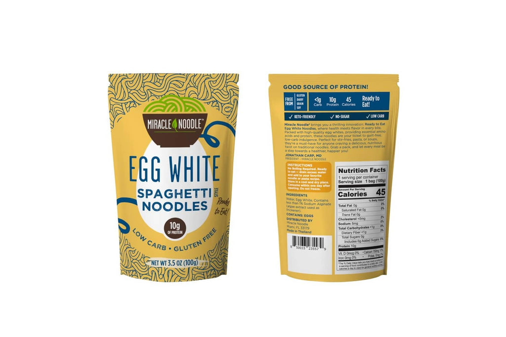 Miracle Noodle egg white spaghetti noodles pouch front and back, side-by-side