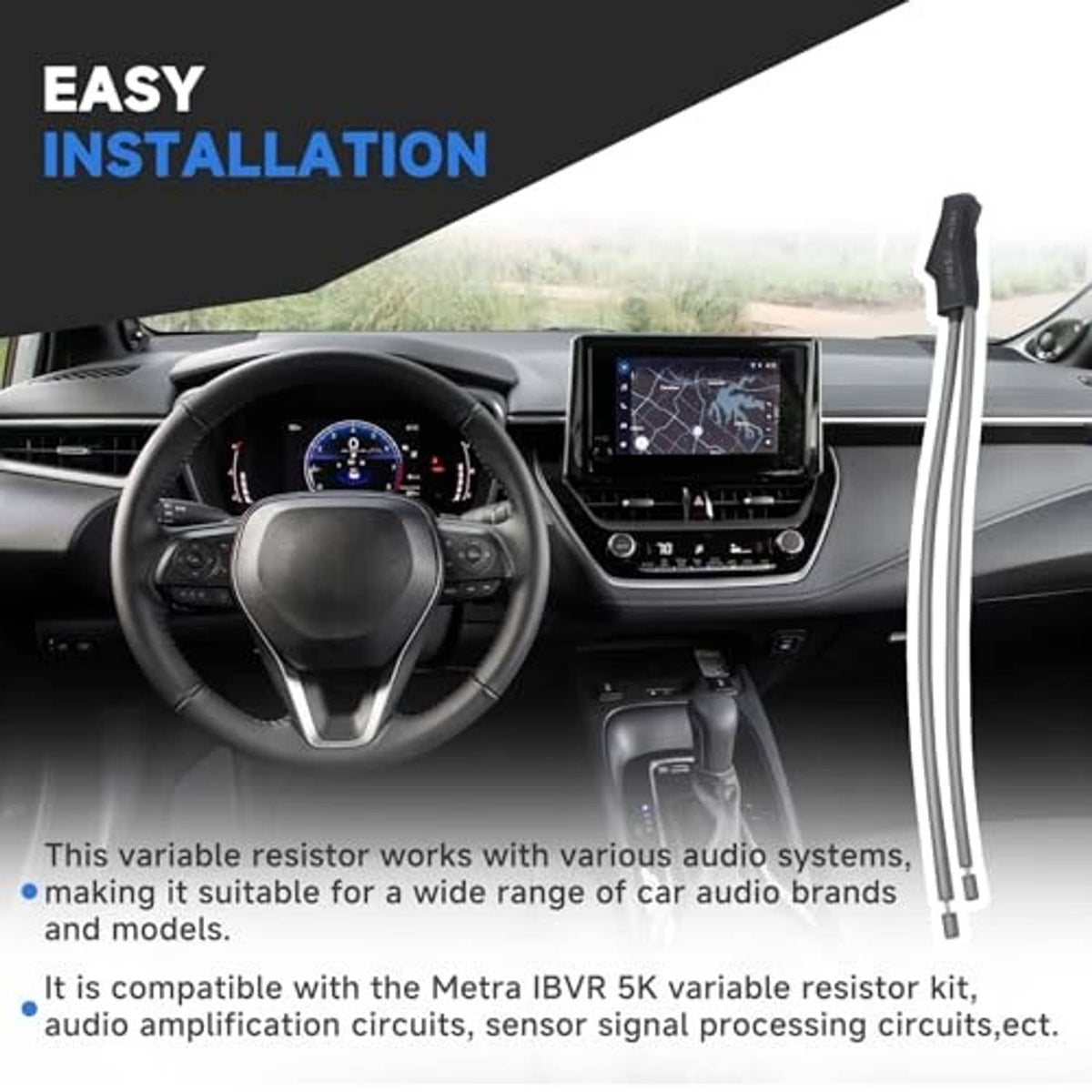Variable resistor kit for easy installation, black housings with silver leads beside a car interior