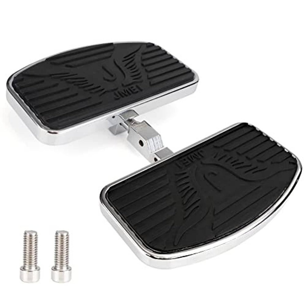 Motorcycle floorboard foot pegs pair with black tread pads and silver mounting bracket