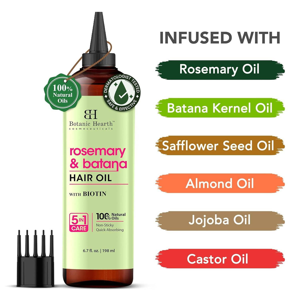 Botanic Hearth rosemary & batana hair oil bottle with included nozzle comb applicators