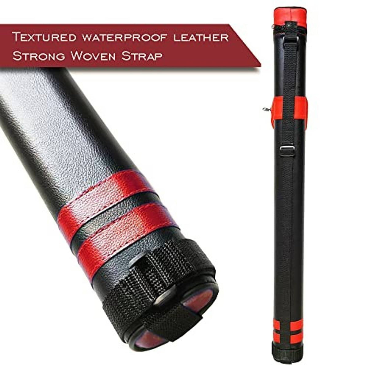 Hard pool cue case with textured leather-style finish and strong woven shoulder strap