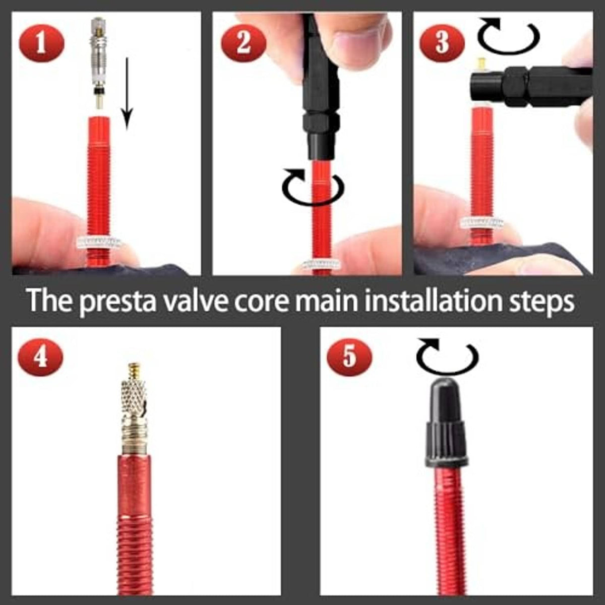 Presta valve core tool used on a red valve stem, with step-by-step views
