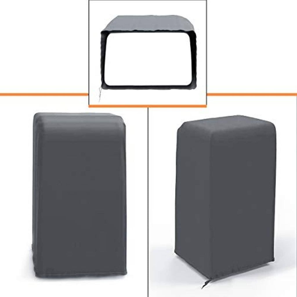 Gray portable air conditioner cover with drawstring ties, shown from front and side