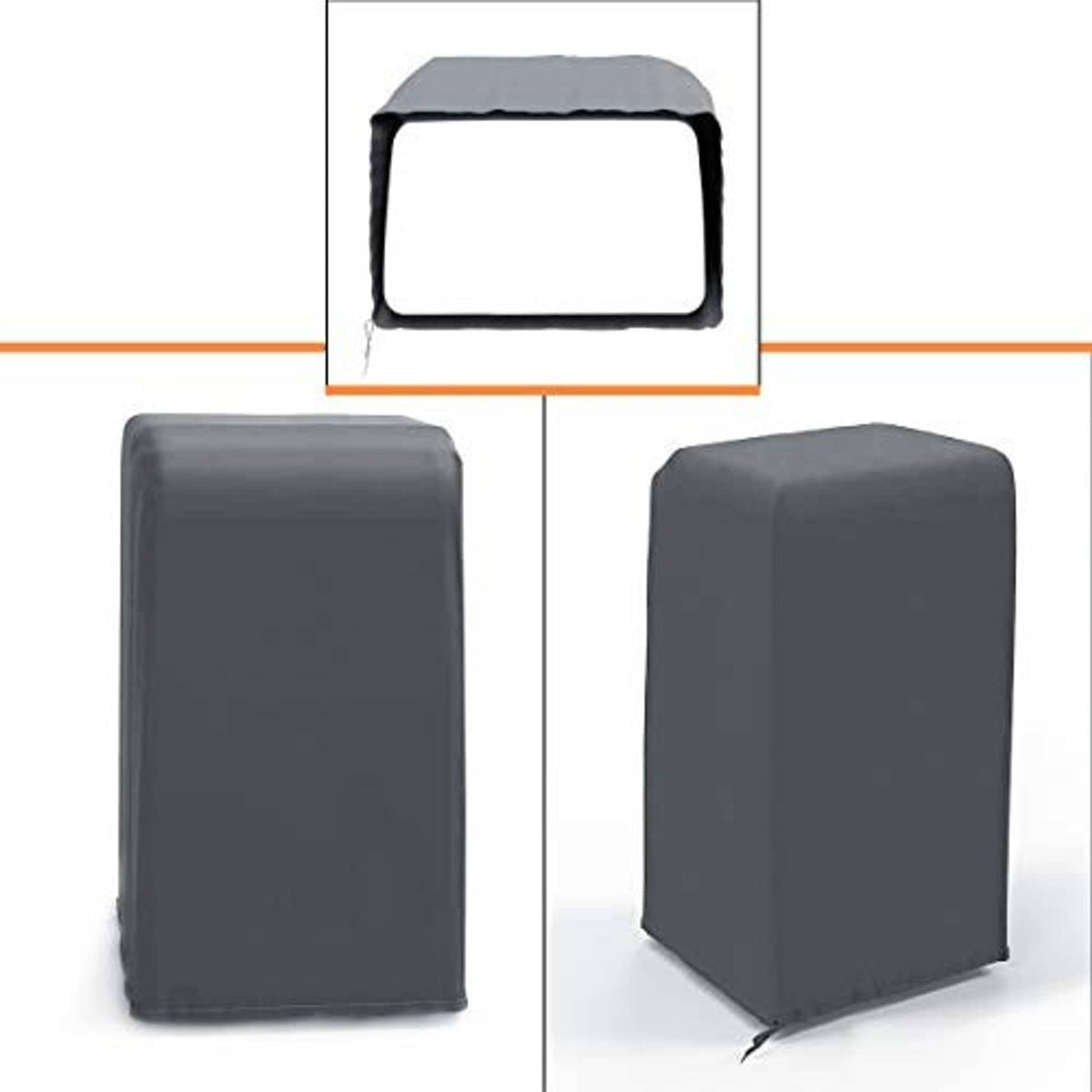 Gray portable air conditioner cover with drawstring ties, shown from front and side