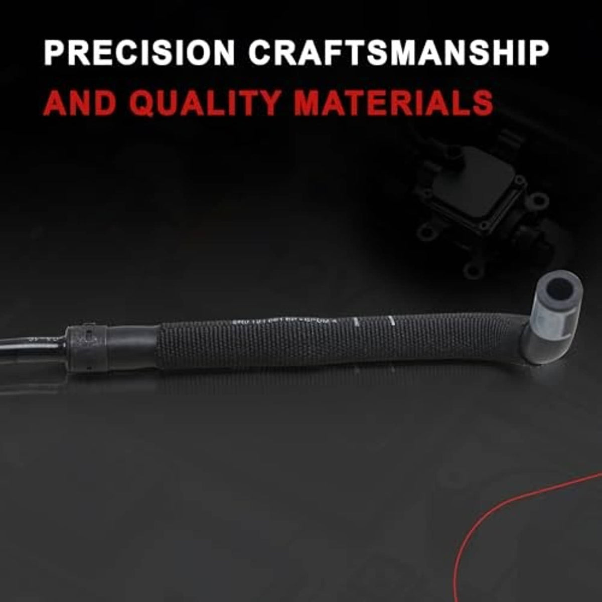 Black coolant hose with textured grip and metal connector, close-up view.