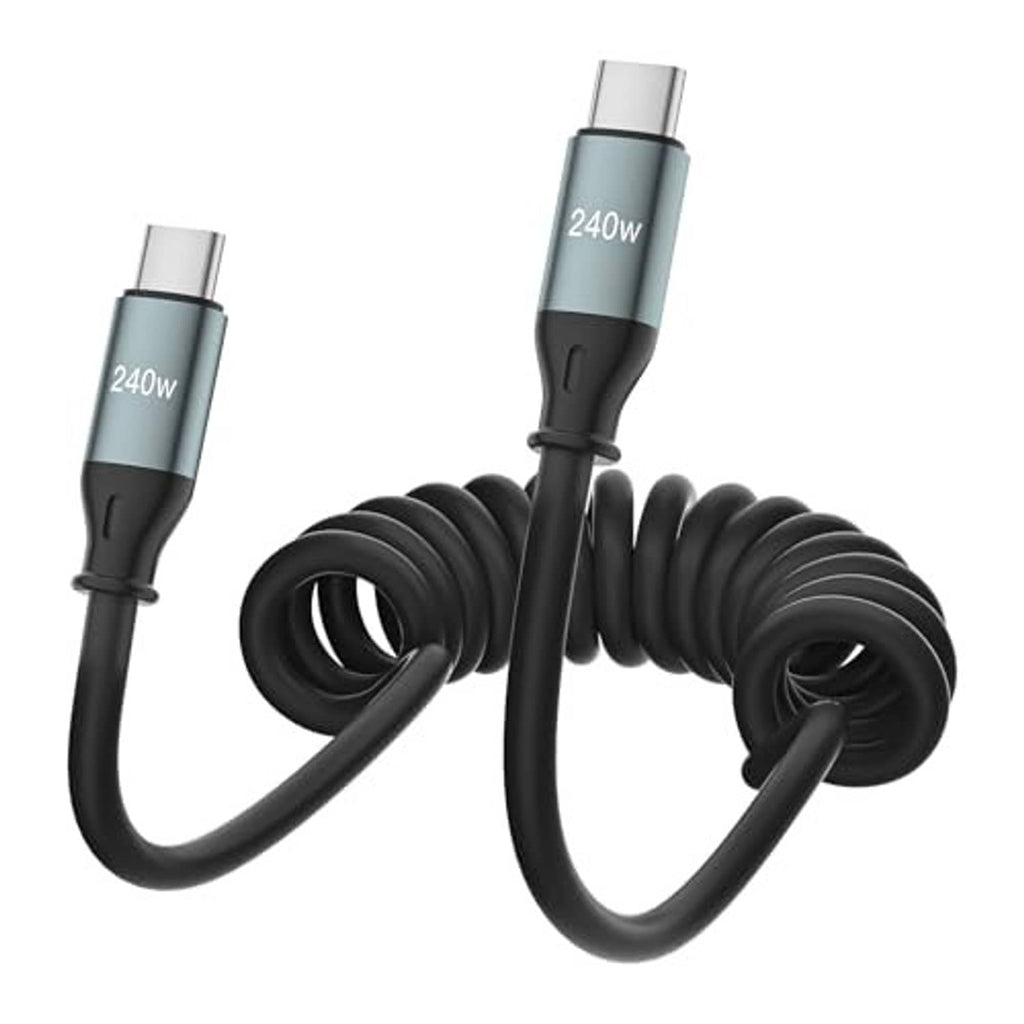 Coiled black USB-C to USB-C cable with two straight metal USB-C plugs, product view