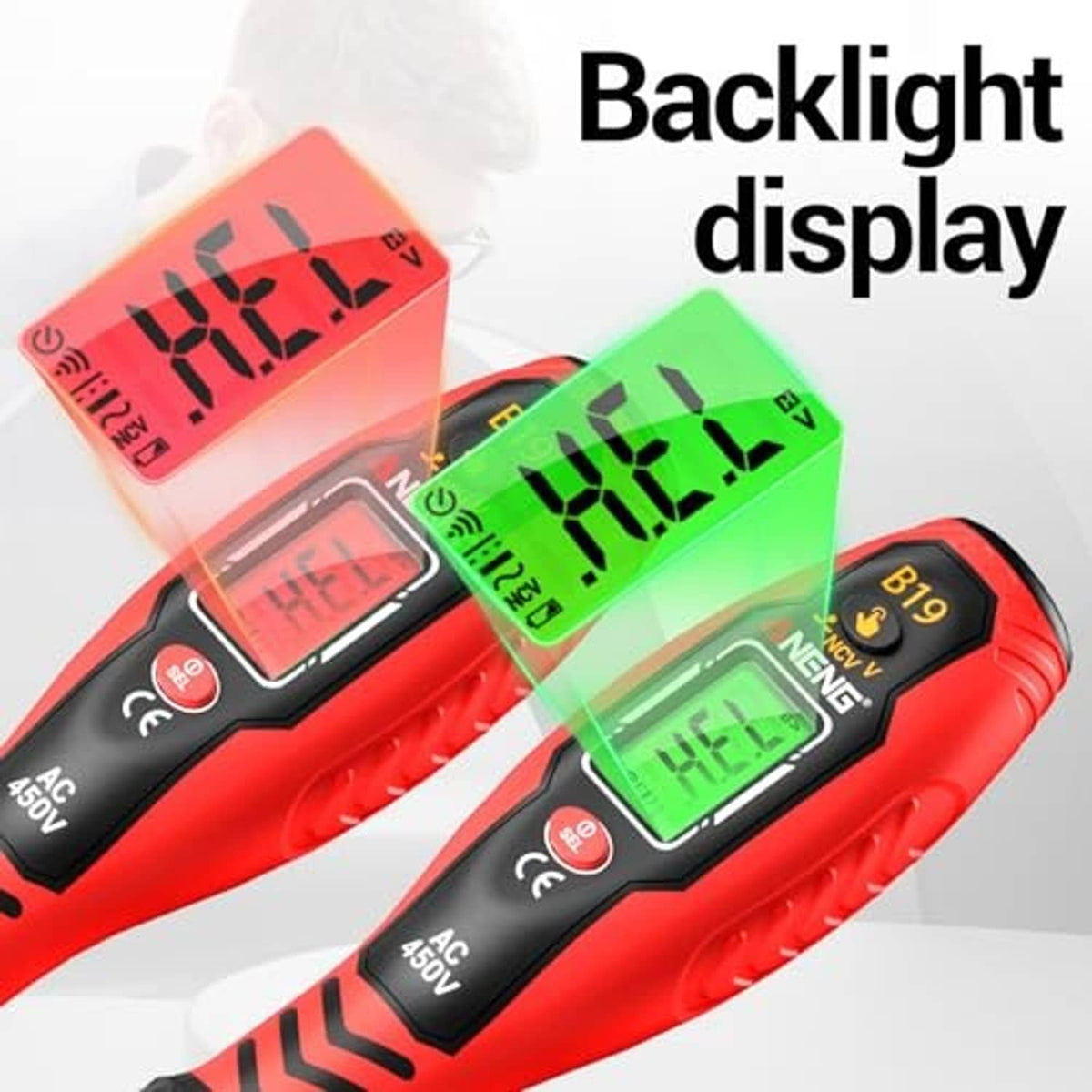 Red voltage tester screwdriver showing red and green backlit LCD screens