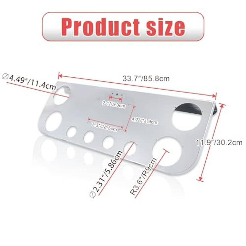 Stainless steel light panel with multiple round cutouts, centered mounting holes, and cutout rings
