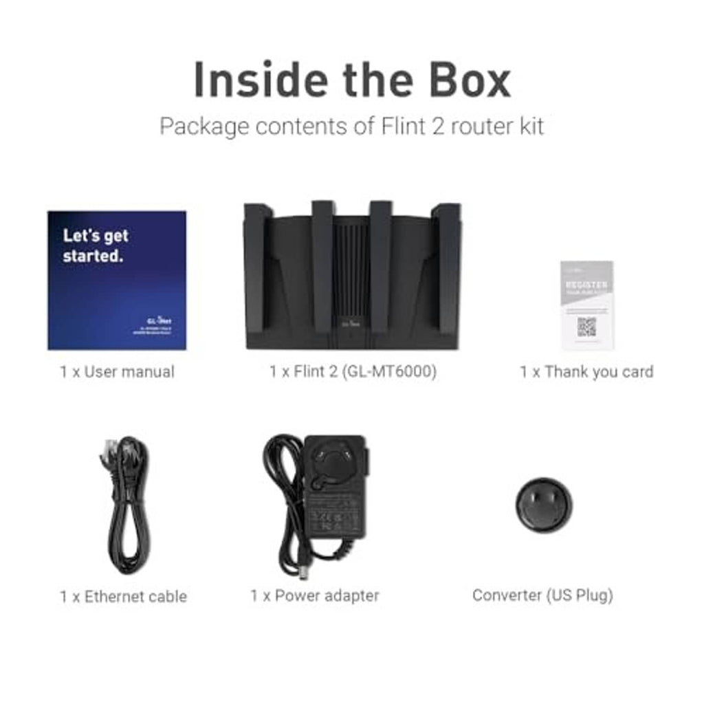 Flint 2 router kit contents: black router, power adapter, Ethernet cable, accessories