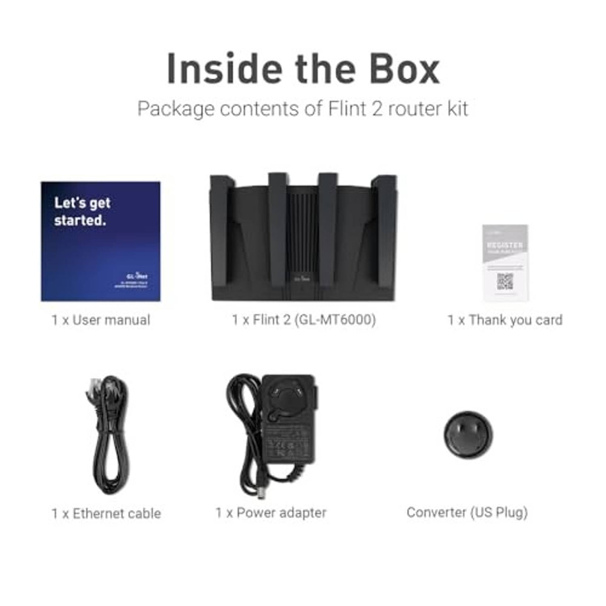 Flint 2 router kit contents: black router, power adapter, Ethernet cable, accessories